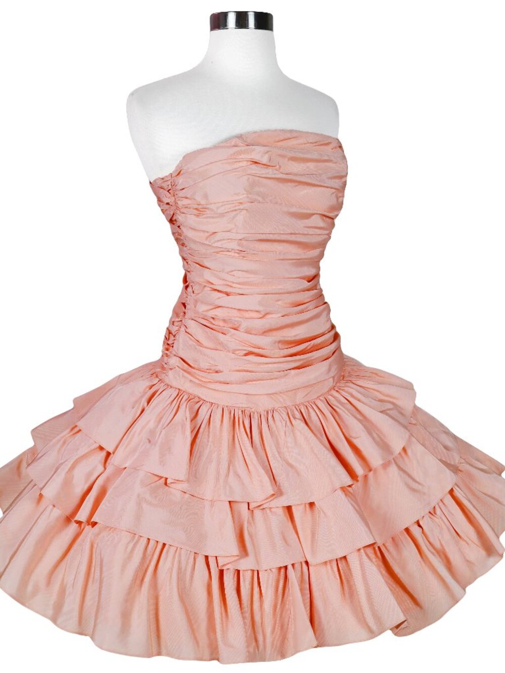 Vintage 80s Strapless Peach Ruffle Tiered Full Skirt Prom Party Dress XXS XS